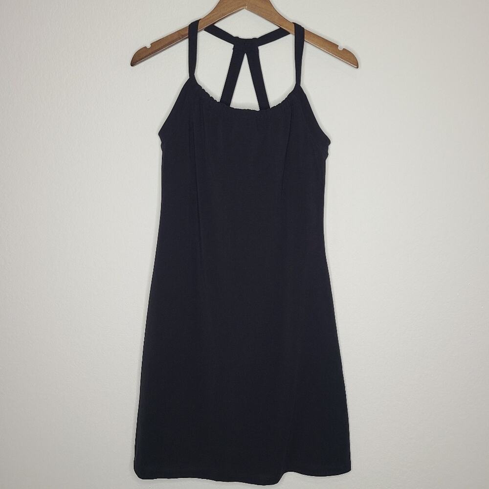 Prana Gathered Neckline Solid Black Tank Dress Small